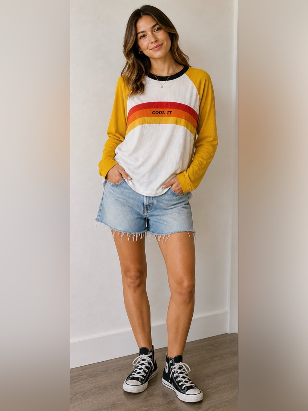 Ragged Priest Cool It Retro Stripe Raglan Long Sleeve Tee - Mustard/White